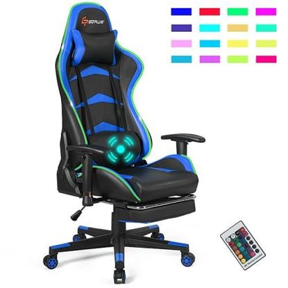 图片 Massage LED Gaming Chair with Lumbar Support and Footrest-Blue - Color: Blue - Size: 28.5" x 28.5" x (50" - 54")