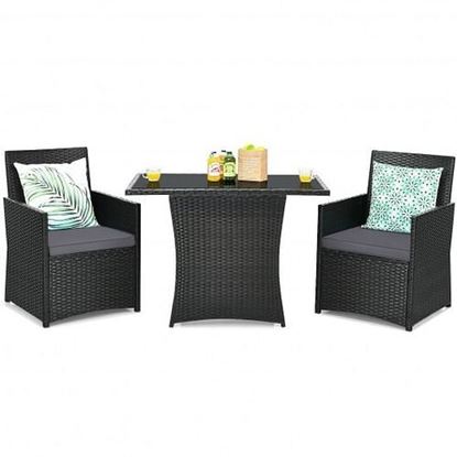 Picture of 3 Pieces Patio Rattan Furniture Set with Cushion and Sofa Armrest-Gray - Color: Gray