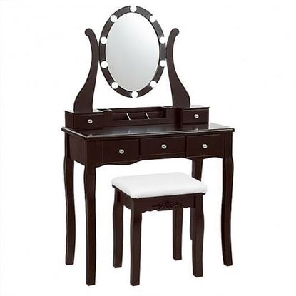 图片 10 Dimmable Lights Vanity Table Set with Lighted Mirror and Cushioned Stool-Coffee - Color: Coffee