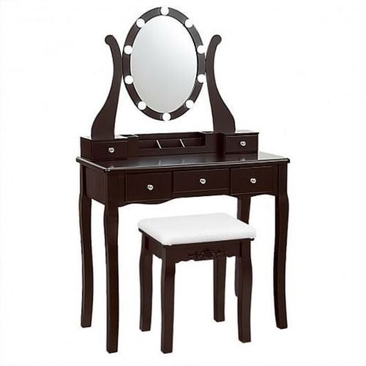 Foto de 10 Dimmable Lights Vanity Table Set with Lighted Mirror and Cushioned Stool-Coffee - Color: Coffee