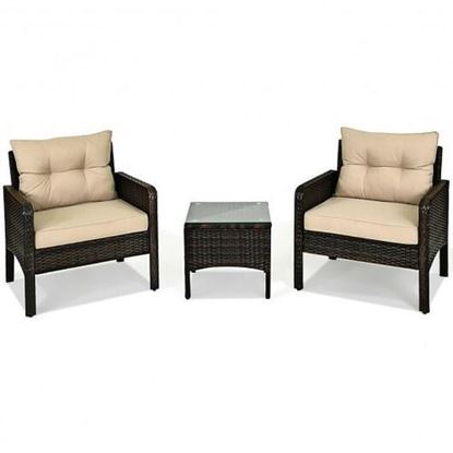 Picture of 3 Pcs Outdoor Patio Rattan Conversation Set with Seat Cushions-Beige - Color: Beige