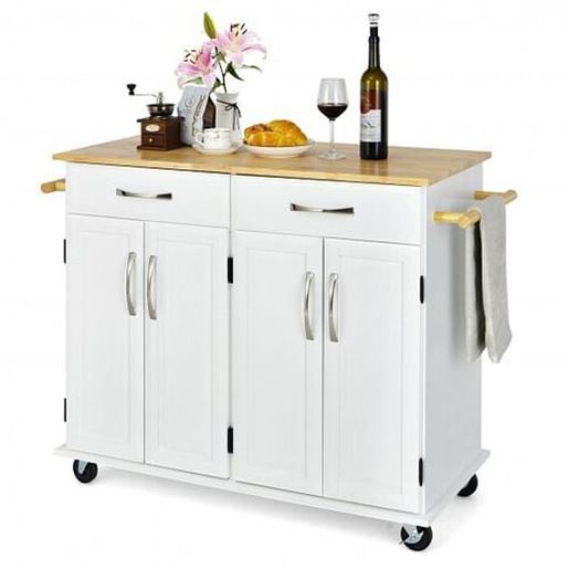 Picture of 4-Door Rolling Kitchen Island Cart Buffet Cabinet with Towel Racks Drawers-White - Color: White