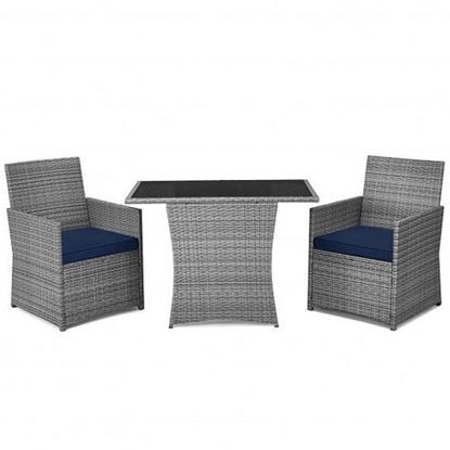 Picture of 3 Pieces Patio Rattan Furniture Set with Cushioned Armrest Sofa-Navy - Color: Navy