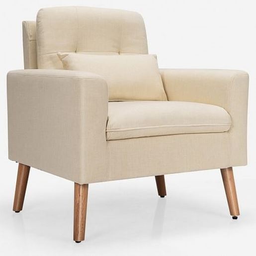 Picture of Accent Chair Cushioned Linen Armchair with Waist Pillow Sofa Chair-Beige - Color: Beige