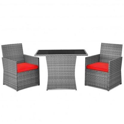 Picture of 3 Pieces Patio Rattan Furniture Set with Cushioned Armrest Sofa-Red - Color: Red