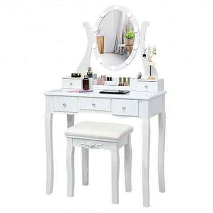 Picture of 10 Dimmable Lights Vanity Table Set with Lighted Mirror and Cushioned Stool-White - Color: White