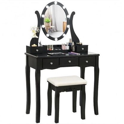 Picture of 10 Dimmable Lights Vanity Table Set with Lighted Mirror and Cushioned Stool-Black - Color: Black