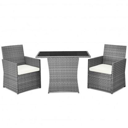 Picture of 3 Pieces Patio Rattan Furniture Set with Cushioned Armrest Sofa-White