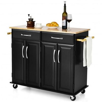 Picture of 4-Door Rolling Kitchen Island Cart Buffet Cabinet with Towel Racks Drawers-Black