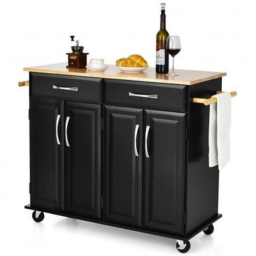 Image sur 4-Door Rolling Kitchen Island Cart Buffet Cabinet with Towel Racks Drawers-Black