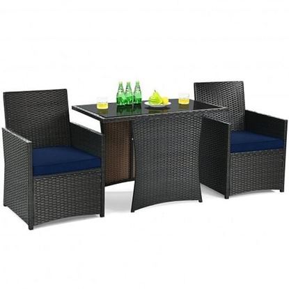 Picture of 3 Pieces Patio Rattan Furniture Set with Cushion and Sofa Armrest-Navy - Color: Navy