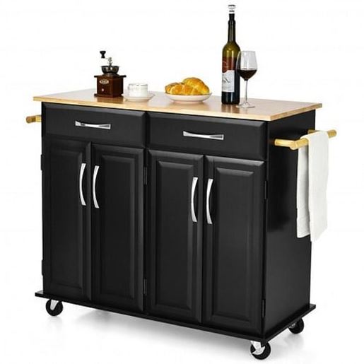 Picture of 4-Door Rolling Kitchen Island Cart Buffet Cabinet with Towel Racks Drawers-Black - Color: Black