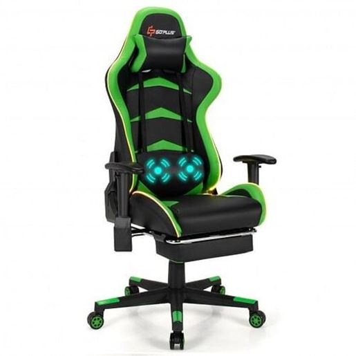 Picture of Massage LED Gaming Chair with Lumbar Support and Footrest-Green - Color: Green