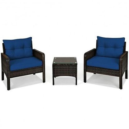 Picture of 3 Pieces Outdoor Patio Rattan Conversation Set with Seat Cushions-Navy - Color: Navy