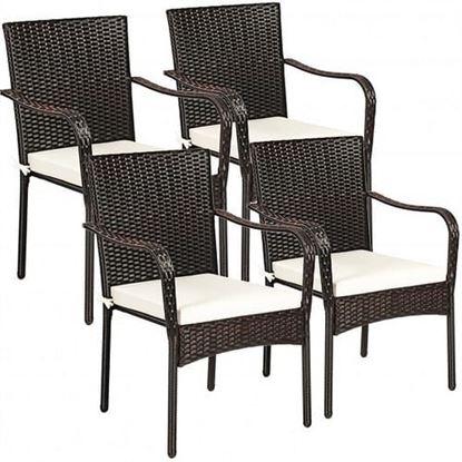 Picture of Set of 4 Patio Rattan Stackable Dining Chair with Cushioned Armrest for Garden