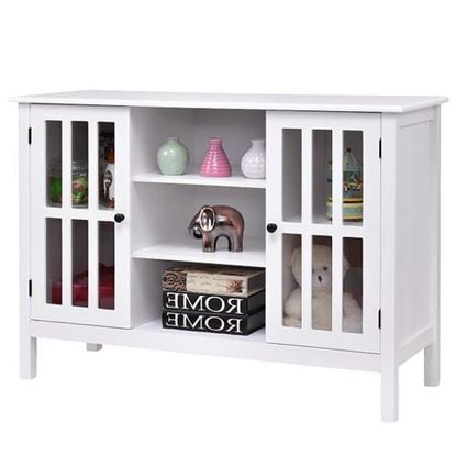 Foto de White Wood Sofa Table Console Cabinet with Tempered Glass Panel Doors