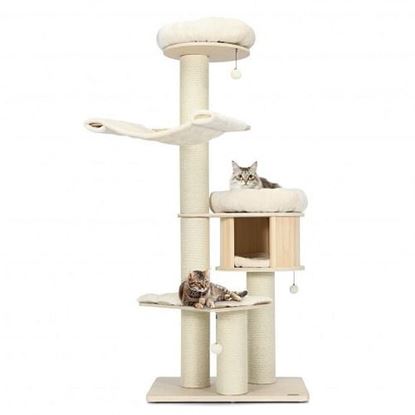 Picture of 4-Layer 68.5-Inch Wooden Cat Tree Condo Activity Tower with Sisal Posts-Natural - Color: Natural