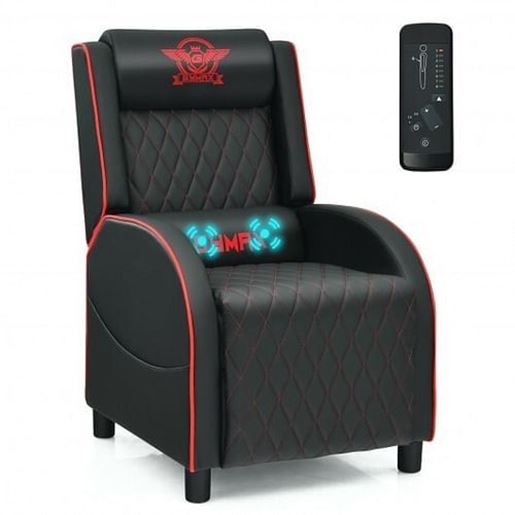 Picture of Massage Gaming Recliner Chair with Headrest and Adjustable Backrest for Home Theater-Red - Color: Red