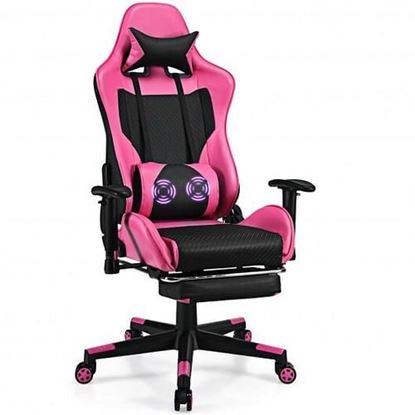 Picture of PU Leather Gaming Chair with USB Massage Lumbar Pillow and Footrest -Pink - Color: Pink