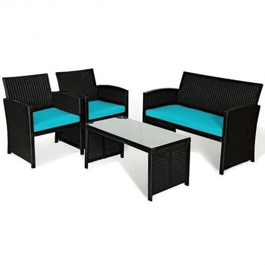 Picture of 4 Pcs Wicker Conversation Furniture Set Patio Sofa and Table Set-Turquoise - Color: Turquoise