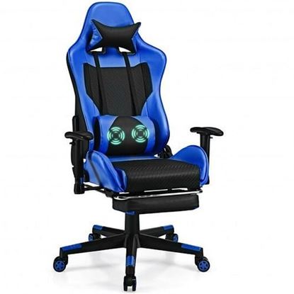 Picture of PU Leather Gaming Chair with USB Massage Lumbar Pillow and Footrest -Blue - Color: Blue