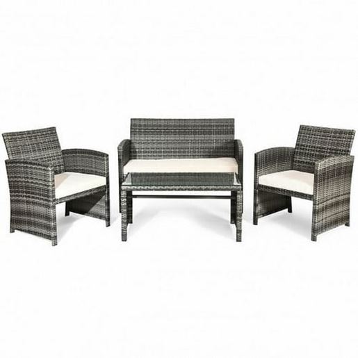 Picture of 4 Pcs Patio Rattan Furniture Set Top Sofa With Glass Table-White - Color: White