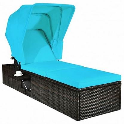 Изображение Outdoor Chaise Lounge Chair with Folding Canopy-Turquoise - Color: Turquoise - Size: 77" x 23.5" x (13"-35.5")