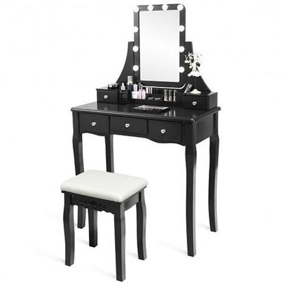 Picture of 10 Dimmable Light Bulbs Vanity Dressing Table with 2 Dividers and Cushioned Stool-Black - Color: Black