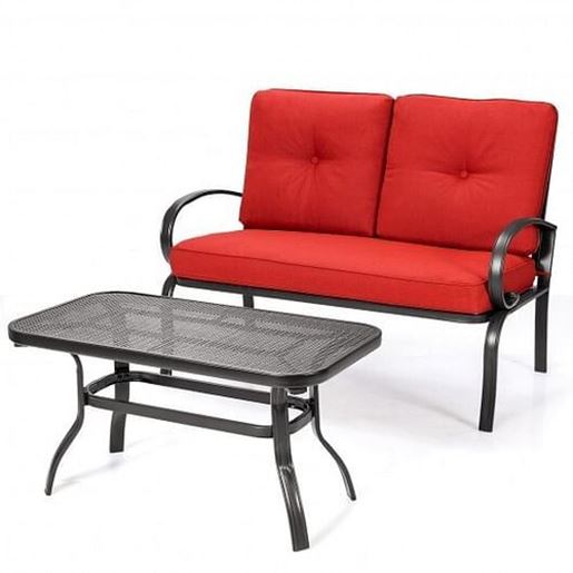 Picture of 2 Pcs Patio Outdoor Cushioned Coffee Table Seat-Red - Color: Red