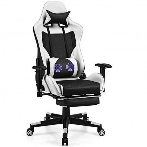 Picture of PU Leather Gaming Chair with USB Massage Lumbar Pillow and Footrest-White - Color: White