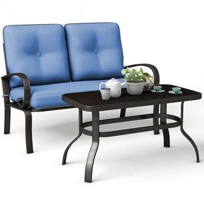 Picture of 2 Pcs Patio Outdoor Cushioned Coffee Table Seat-Blue - Color: Blue