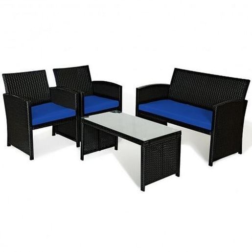 Picture of 4 Pcs Wicker Conversation Furniture Set Patio Sofa and Table Set-Navy - Color: Navy