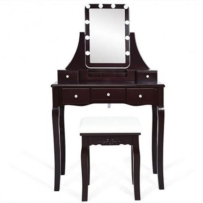 Picture of 10 Dimmable Light Bulbs Vanity Dressing Table with 2 Dividers and Cushioned Stool-Coffee - Color: Coffee