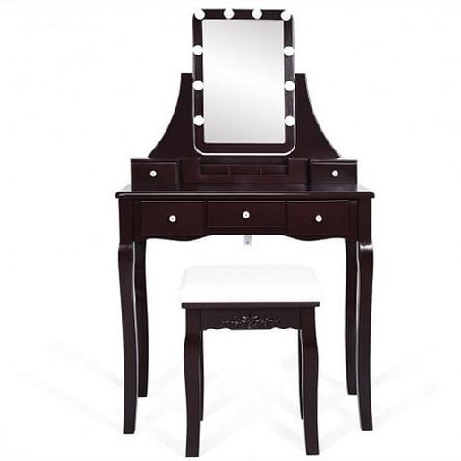Image sur 10 Dimmable Light Bulbs Vanity Dressing Table with 2 Dividers and Cushioned Stool-Coffee - Color: Coffee