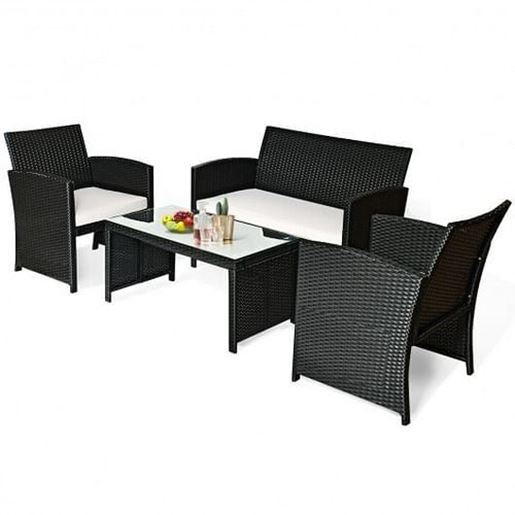 Picture of 4 Pcs Wicker Conversation Furniture Set Patio Sofa and Table Set-White - Color: White