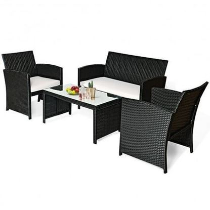 Picture of 4 Pcs Wicker Conversation Furniture Set Patio Sofa and Table Set-White