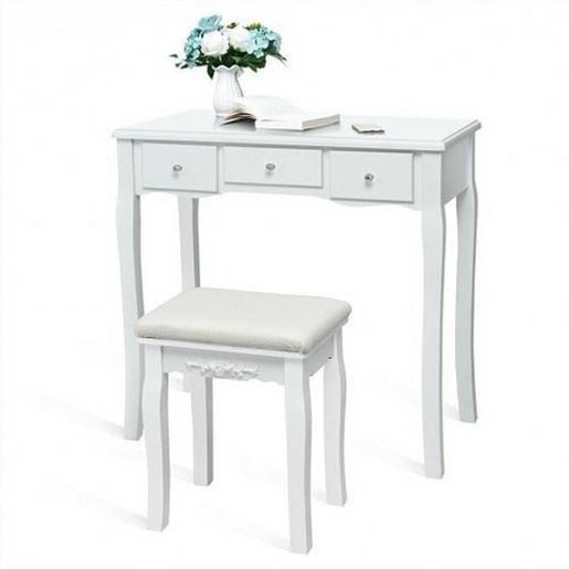 Изображение 10 Dimmable Light Bulbs Vanity Dressing Table with 2 Dividers and Cushioned Stool-White - Color: White