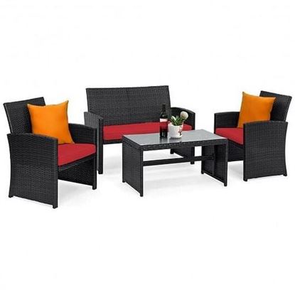 Picture of 4 Pcs Wicker Conversation Furniture Set Patio Sofa and Table Set-Red - Color: Red