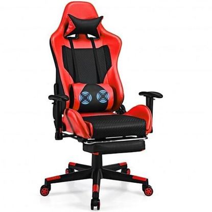 Picture of PU Leather Gaming Chair with USB Massage Lumbar Pillow and Footrest-Red - Color: Red