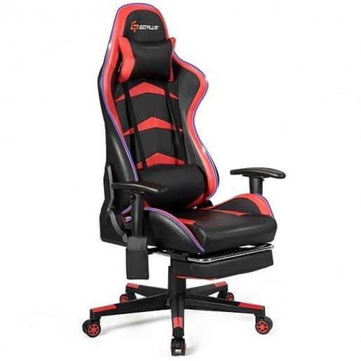Изображение Massage LED Gaming Chair with Lumbar Support and Footrest-Red - Color: Red - Size: 28.5" x 28.5" x (50" - 54")