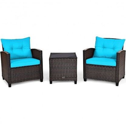 Picture of 3 Pcs Patio Rattan Furniture Set Cushioned Conversation Set Coffee Table-Turquoise - Color: Turquoise