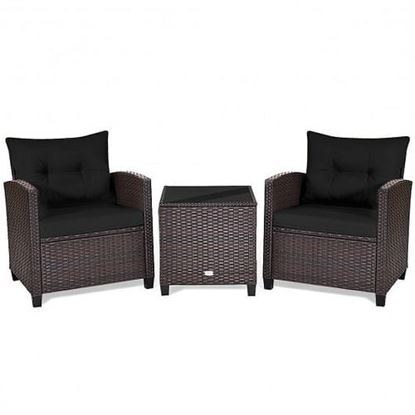 Picture of 3 Pcs Patio Rattan Furniture Set Cushioned Conversation Set Coffee Table -Black - Color: Black