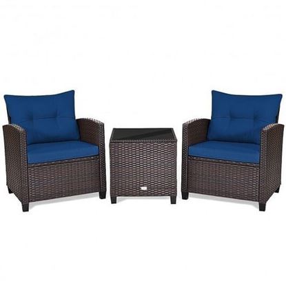 Picture of 3 Pcs Patio Rattan Furniture Set Cushioned Conversation Set Coffee Table-Navy - Color: Navy