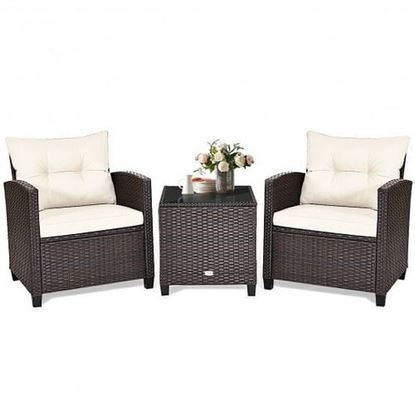 Picture of 3 Pcs Patio Rattan Furniture Set Cushioned Conversation Set Coffee Table  - Color: White