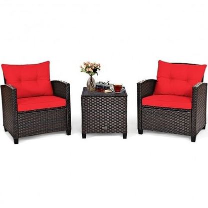Picture of 3 Pcs Patio Rattan Furniture Set Cushioned Conversation Set Coffee Table-Red - Color: Red