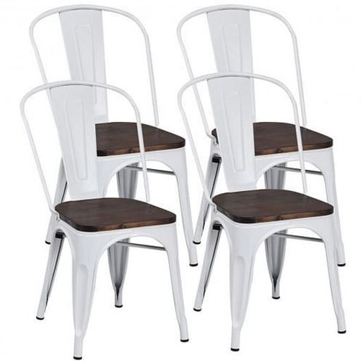 Picture of 4 Pieces Tolix Style Metal Dining Side Chair Stackable Wood Seat-White - Color: White