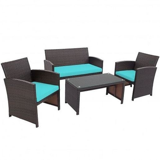 Picture of 4 Pieces Patio Rattan Cushioned Furniture Set-Turquoise - Color: Turquoise