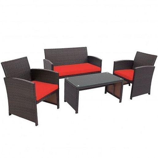 Picture of 4 Pieces Patio Rattan Cushioned Furniture Set-Red