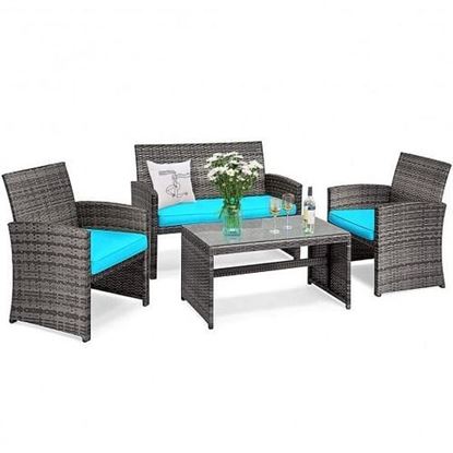 Picture of 4PCS Patio Rattan Furniture Set-Turquoise - Color: Turquoise