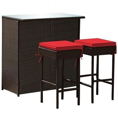 图片 3PCS Patio Rattan Wicker Bar Table Stools Dining Set-Red - Color: Red